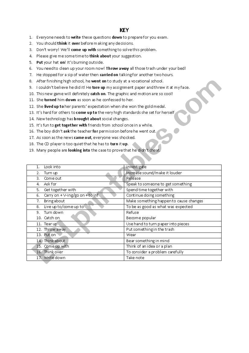 Phrasal verbs meaning match worksheet