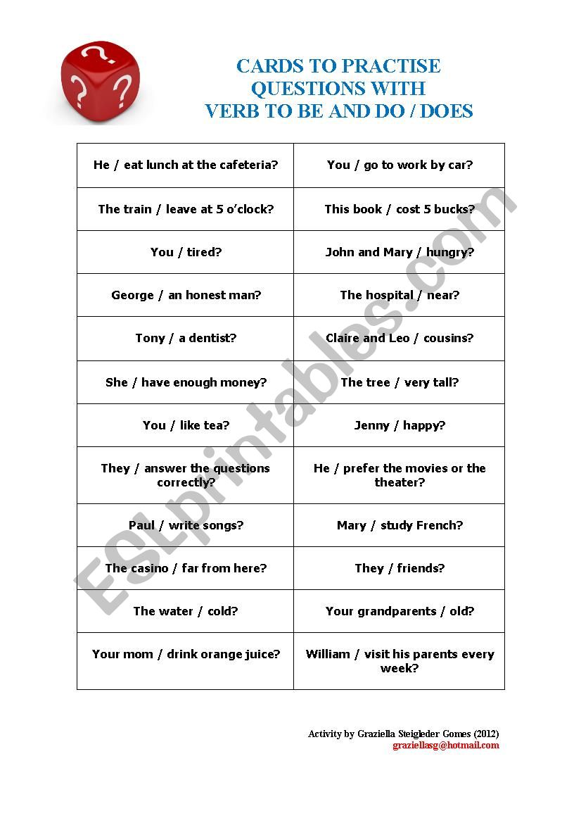 Cards to practise questions whith verb to be and auxiliaries do / does