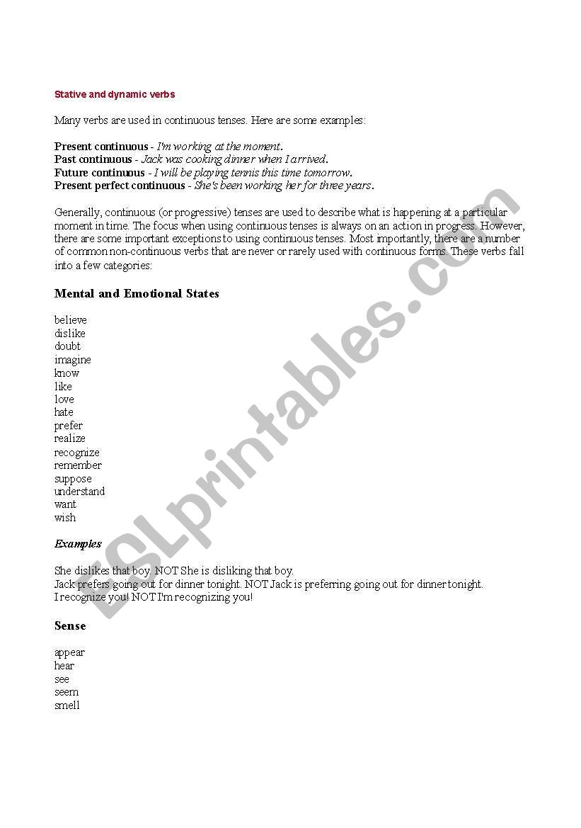 Stative verbs exercises worksheet