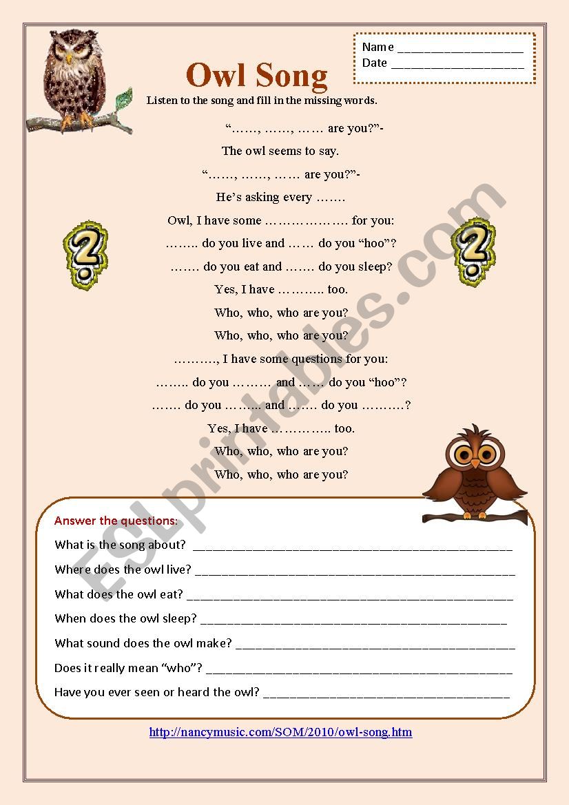 Question Words (Owl Song) worksheet