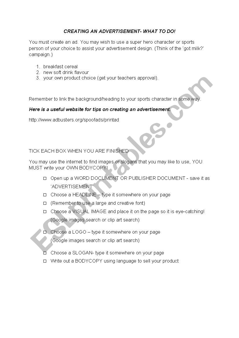 Advertising Task worksheet