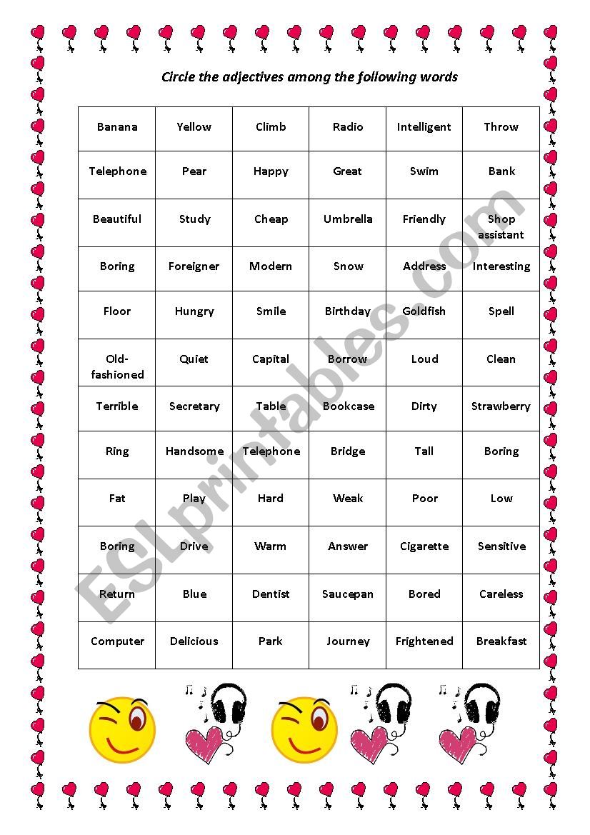 Find the adjectives  worksheet