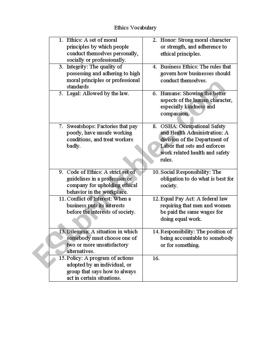 business ethics worksheet