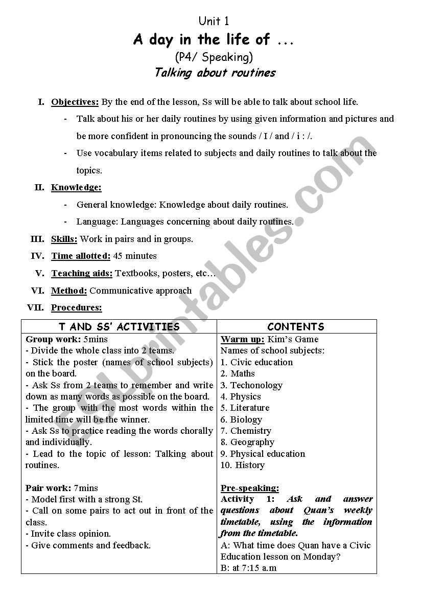 lesson plan grade 10 - unit 1: speaking