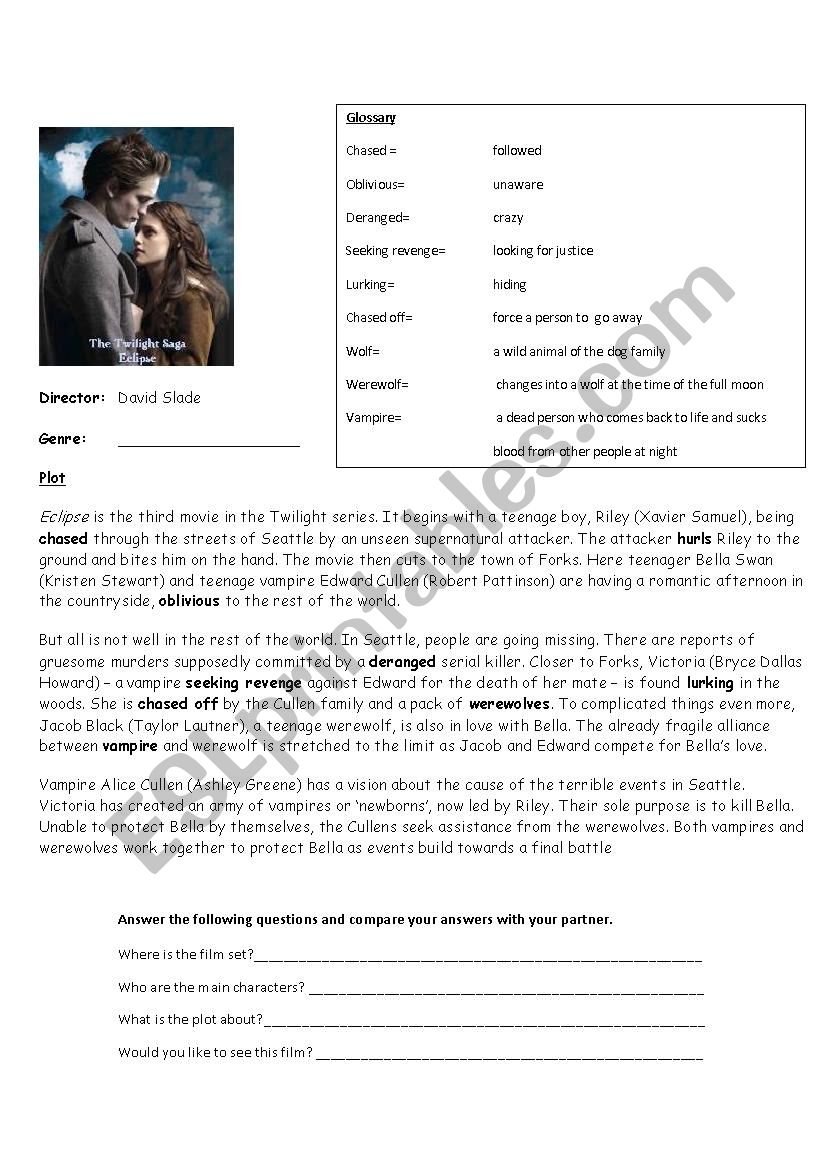 Twilight saga: Eclipse  worksheet