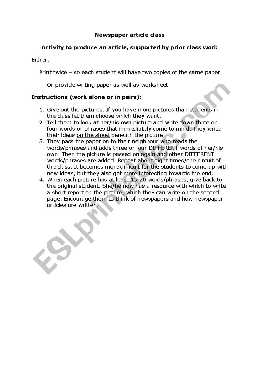 News articles â€“ Interpreting Pictures and Writing articles.