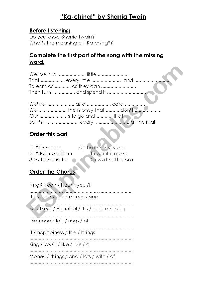 Ka-ching! by Shania Twain worksheet