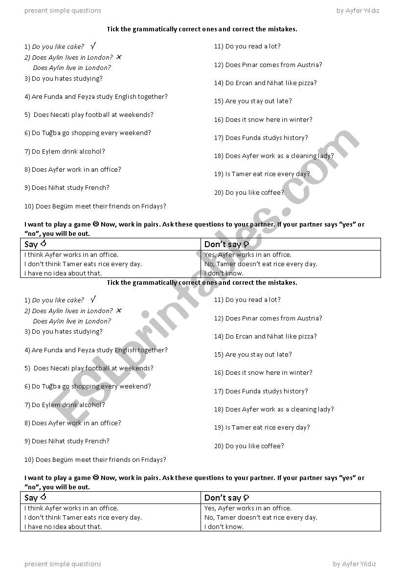 present simple questions worksheet