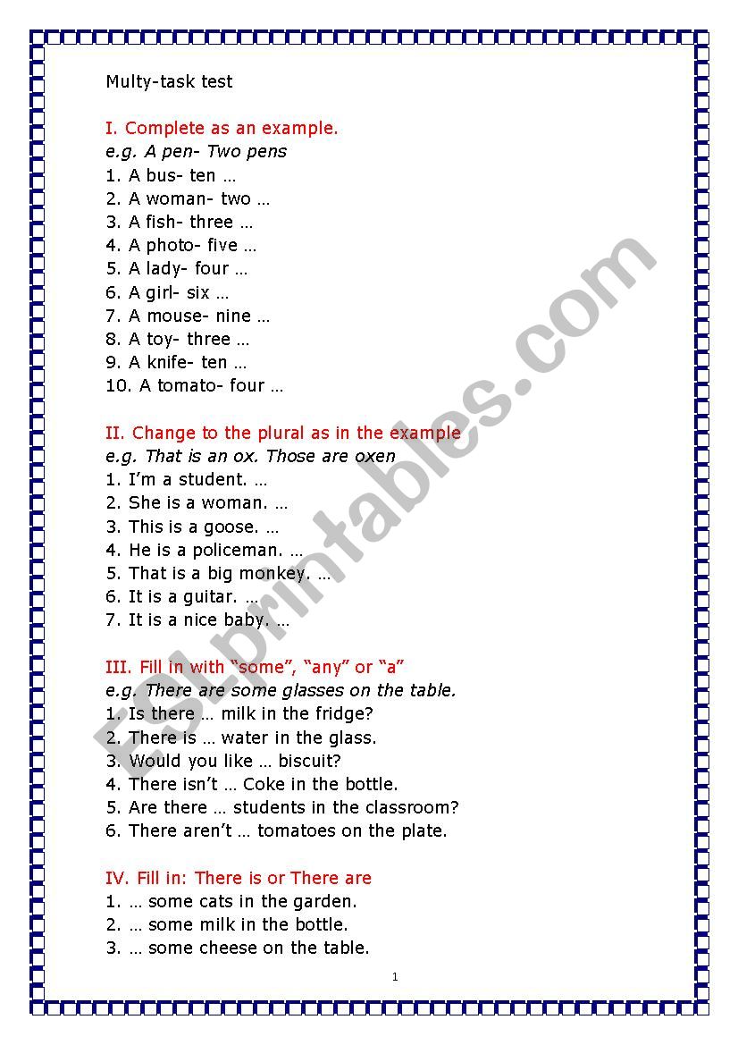 many tasks test 5th form worksheet