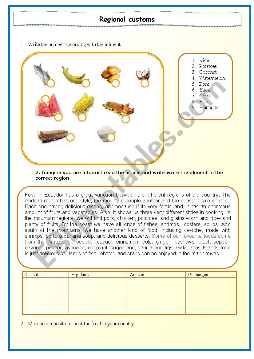 CUSTOMS IN ECUADOR  worksheet