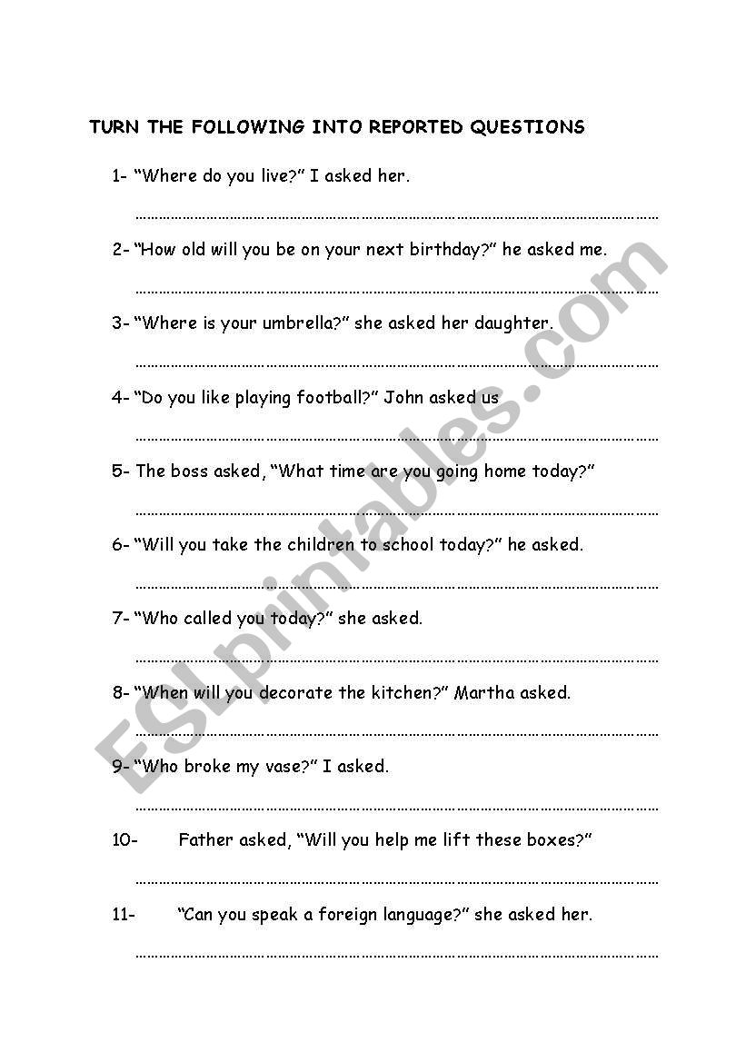 reported questions worksheet