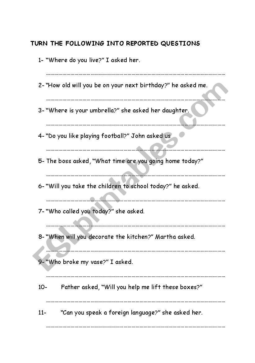 reported questions worksheet