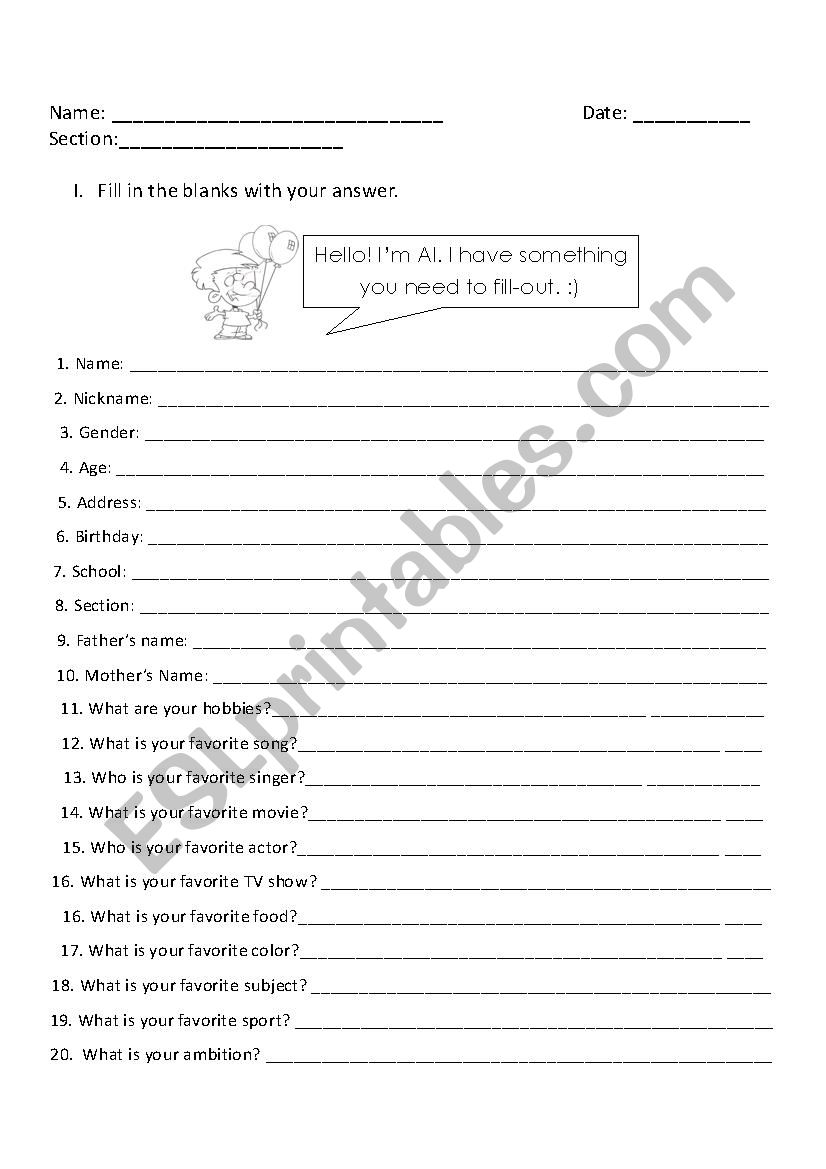 Answering Basic Information worksheet