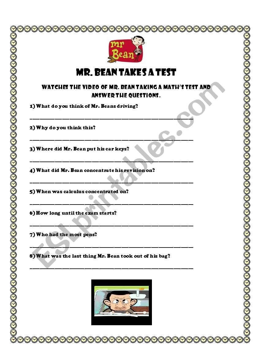 Mr.Bean and the maths test worksheet