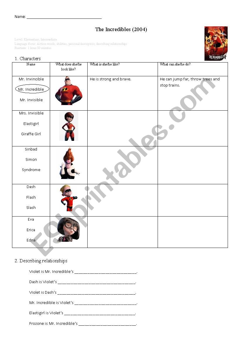 The Incredibles worksheet