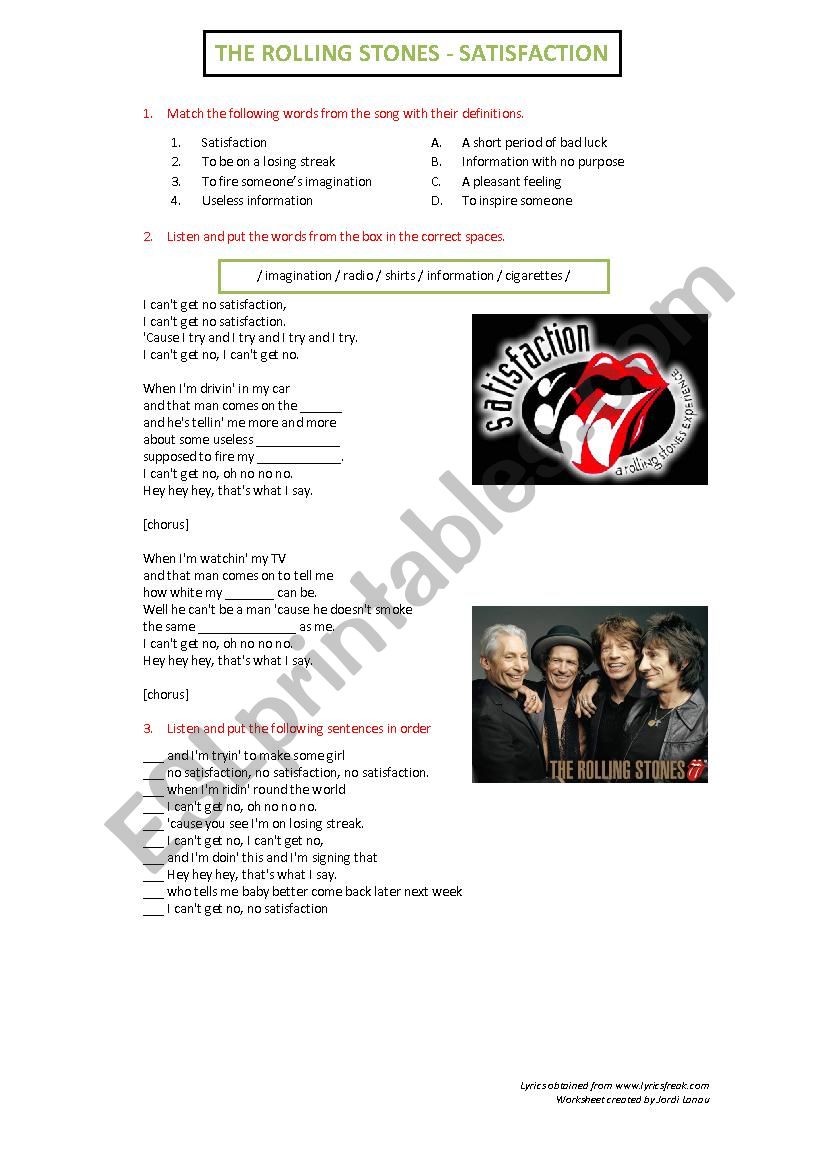 The Rolling Stones - Satisfaction - Language Worksheet