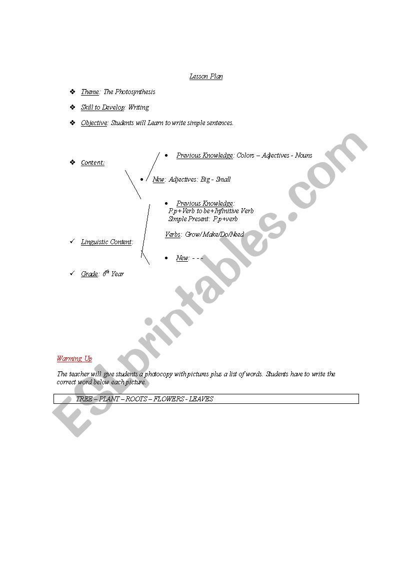 The photosynthesis - Writing worksheet