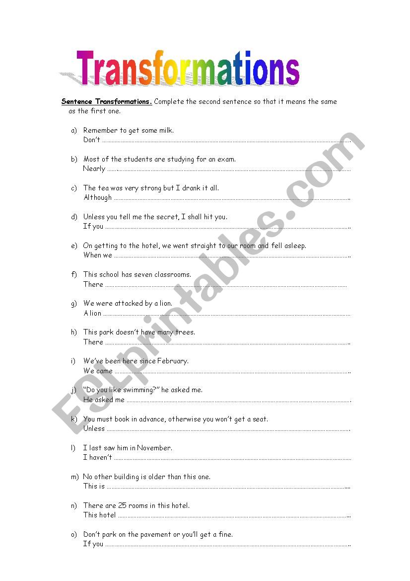 Transformations worksheet