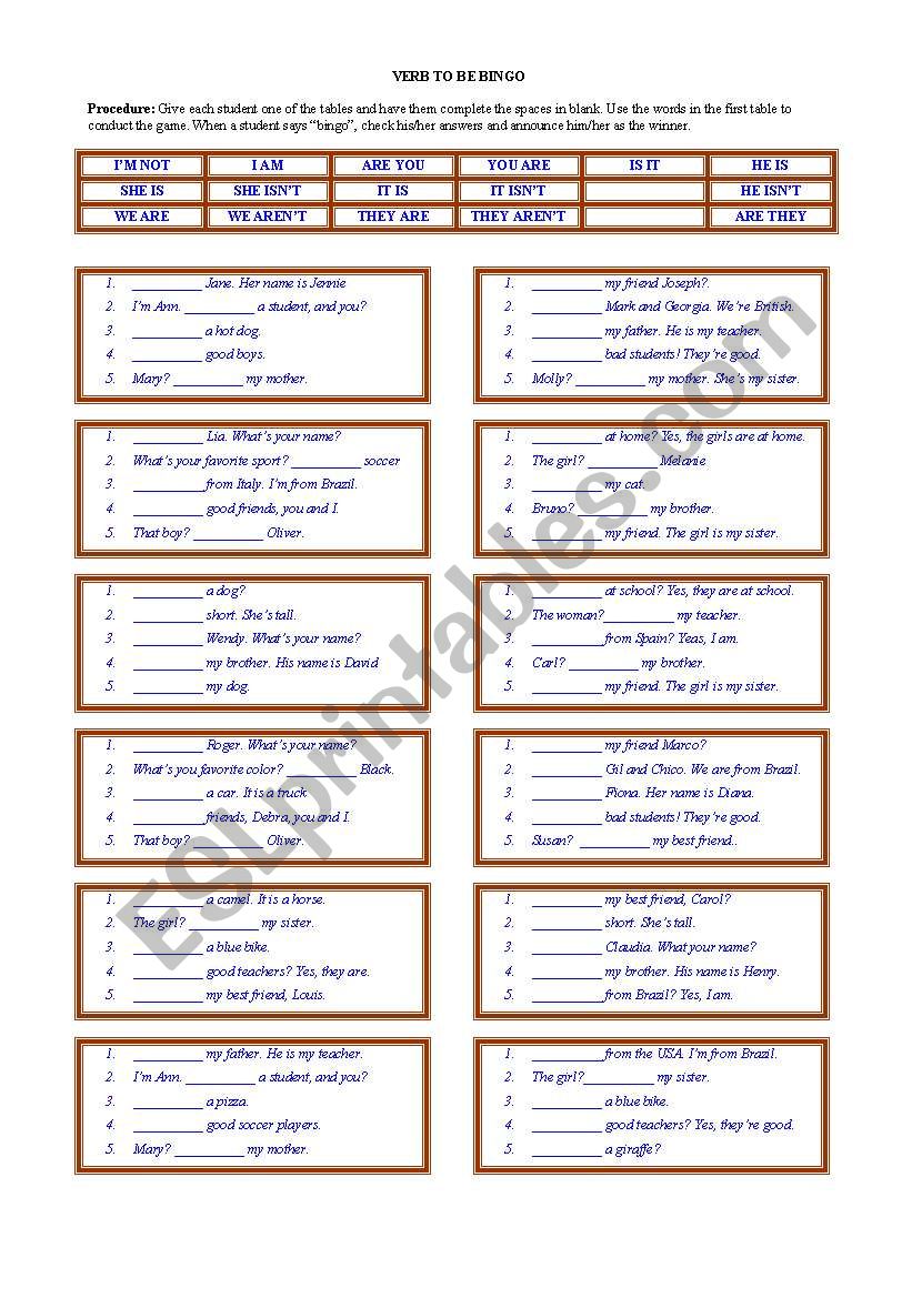 BINGO WITH VERB TO BE worksheet