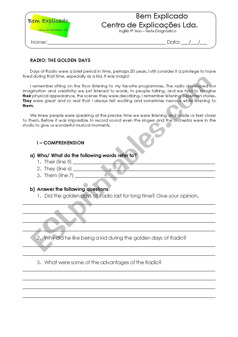 Radio the golden days worksheet