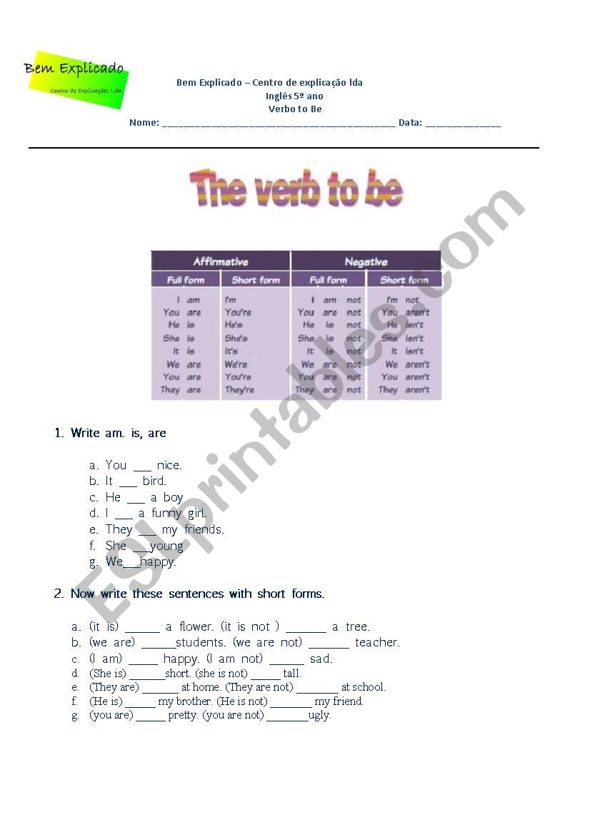 Verb to be worksheet