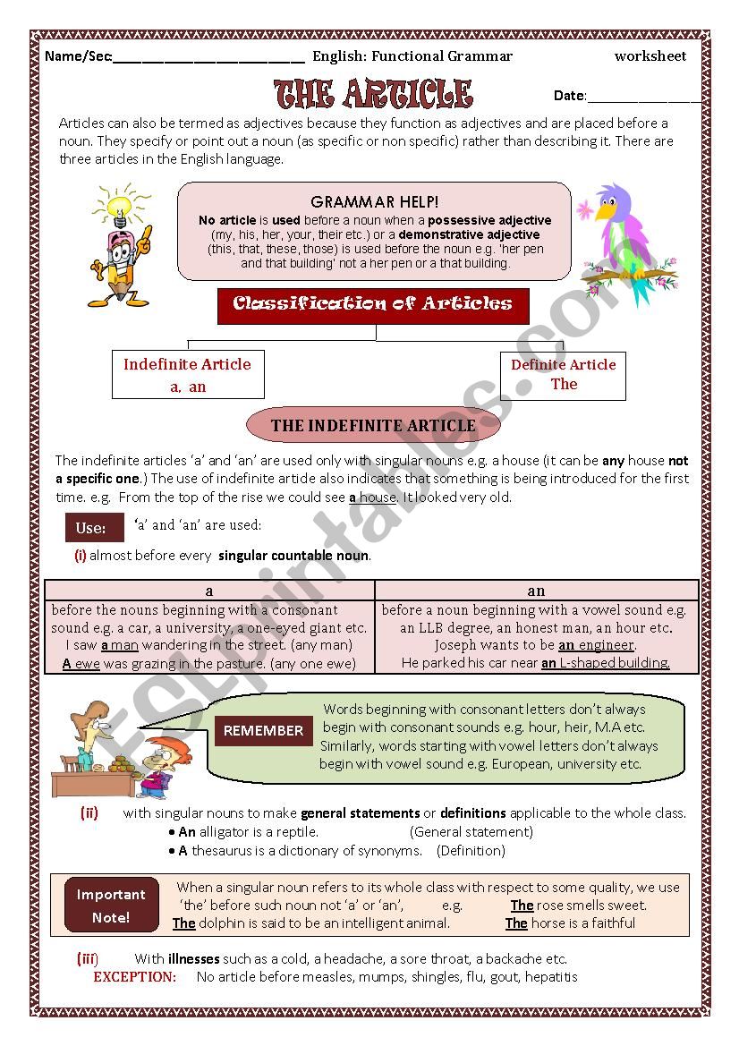 The Articles 1/3 worksheet