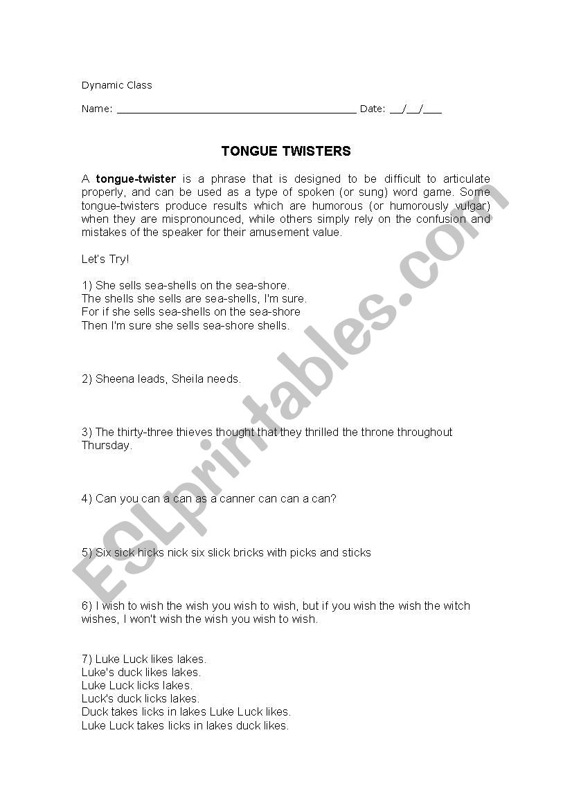 Tongue Twisters worksheet