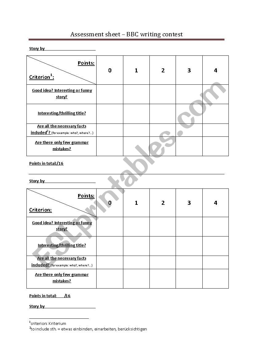 stories - evaluation worksheet