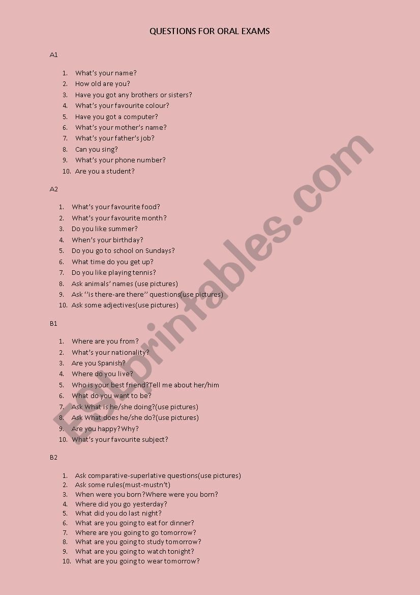 ORAL EXAM QUESTIONs worksheet