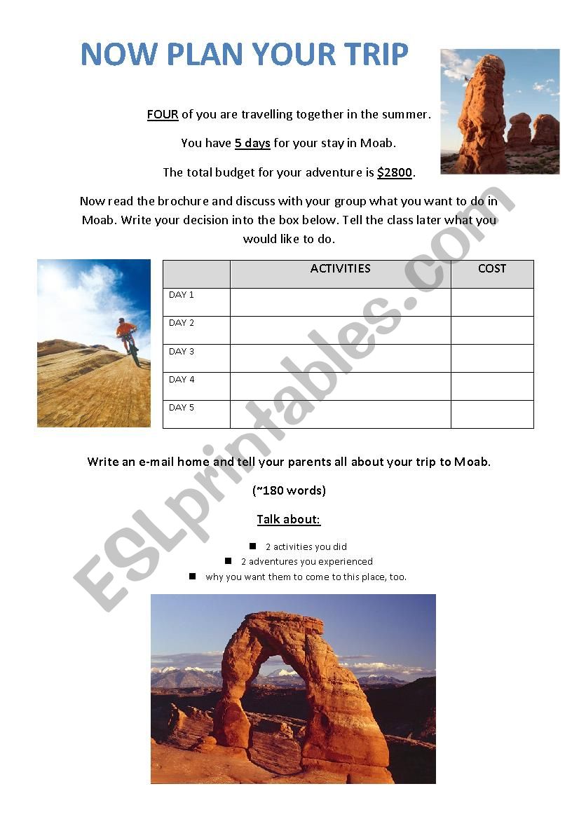 Plan your Moab Adventure worksheet