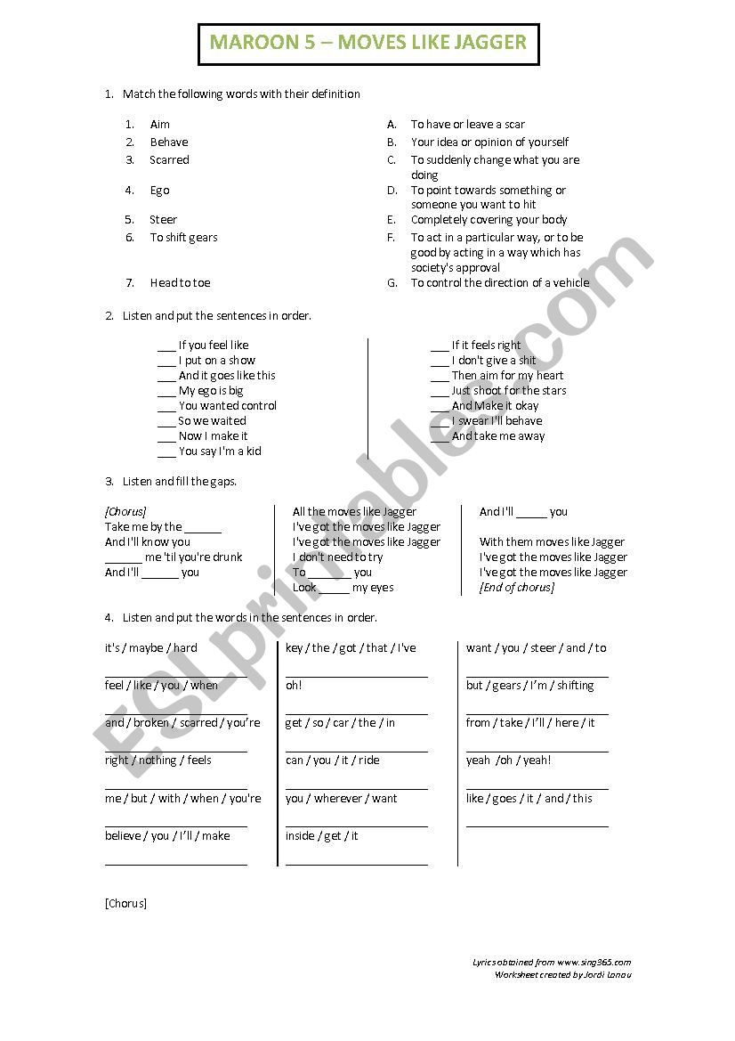 Maroon 5 - Moves like Jagger - Worksheet