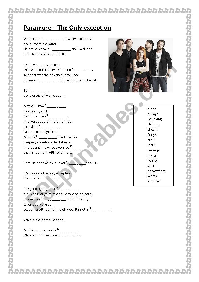 Paramore - The Only exception worksheet