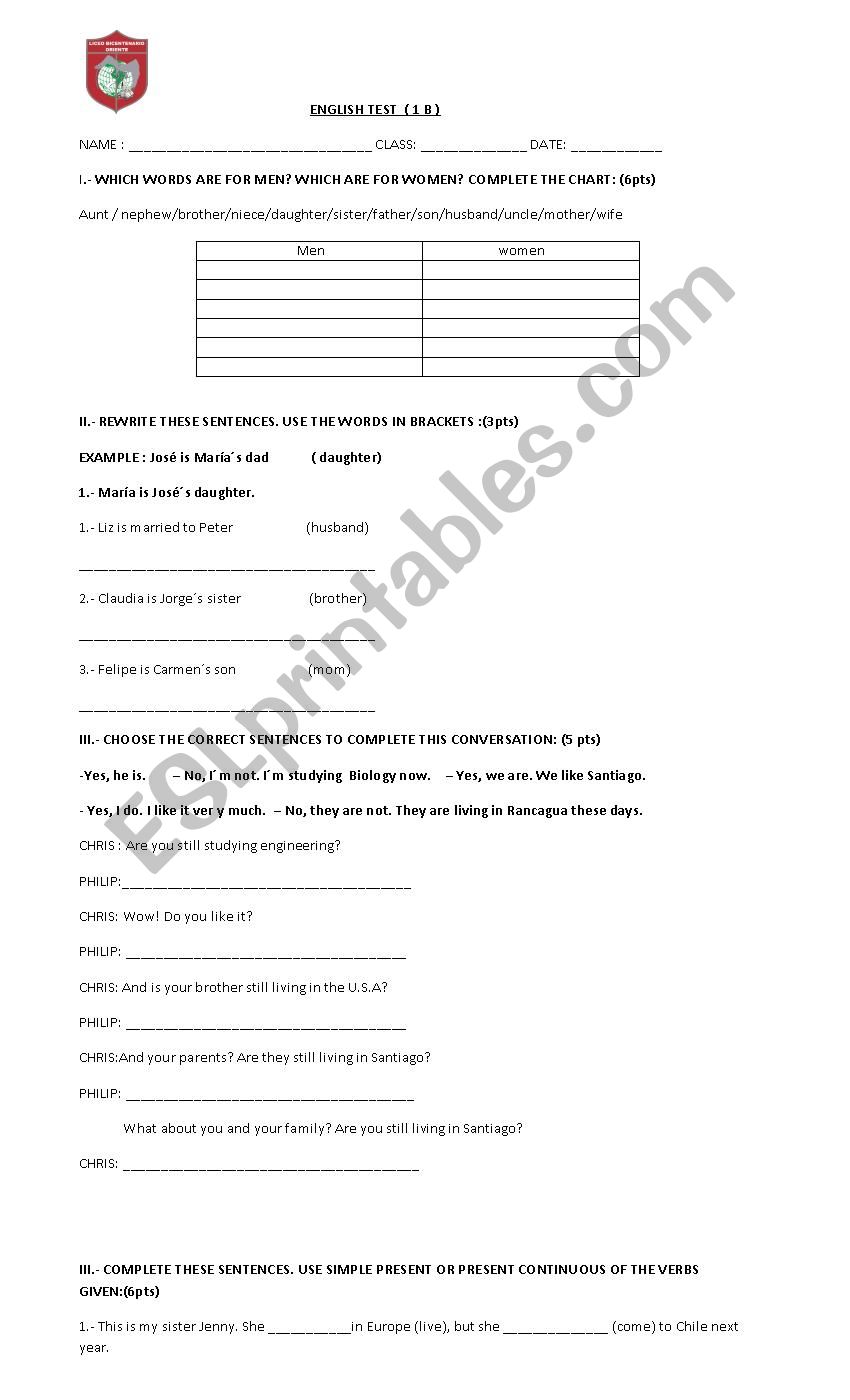 english test worksheet