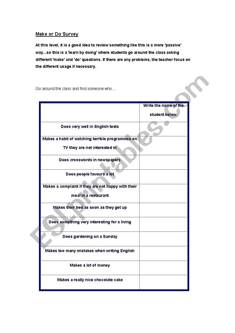 Make or Do Survey worksheet