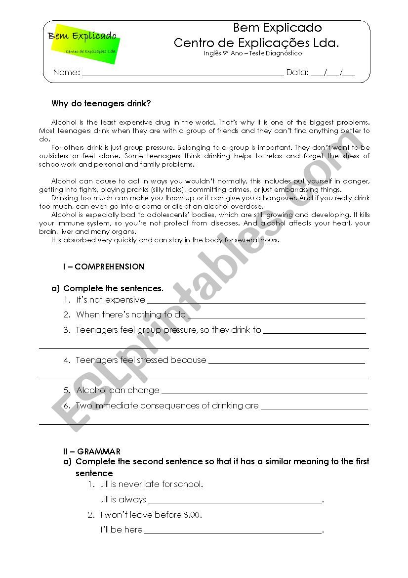 Why do teenagers drink? worksheet