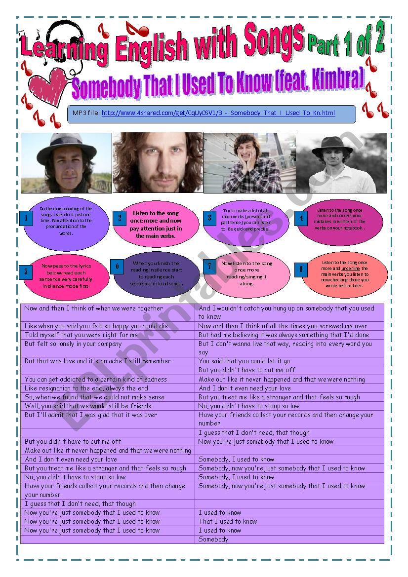 ENGLISH WITH SONGS #10# - (20 pages) (Part 1 of 2) - GOTYE - Somebody that I used to know...25 Exercises and instructions + 2 Grammar points + Biography + warm up (GAME) PHRASAL VERBS + RELATIONSHIPS +Exercises