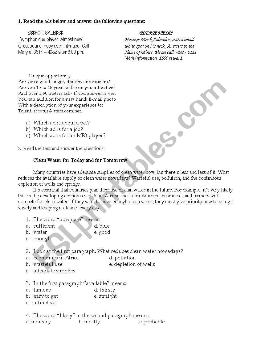 reading comprehesion worksheet