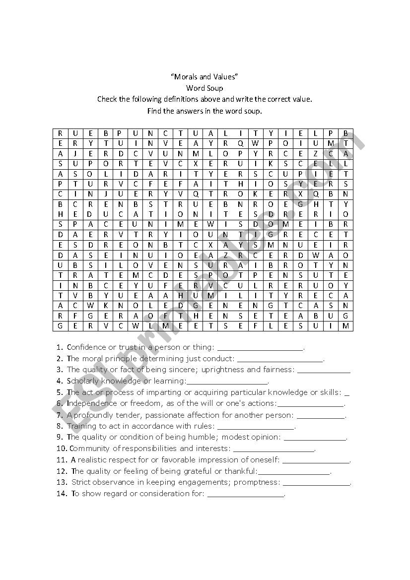 Morals and Values worksheet