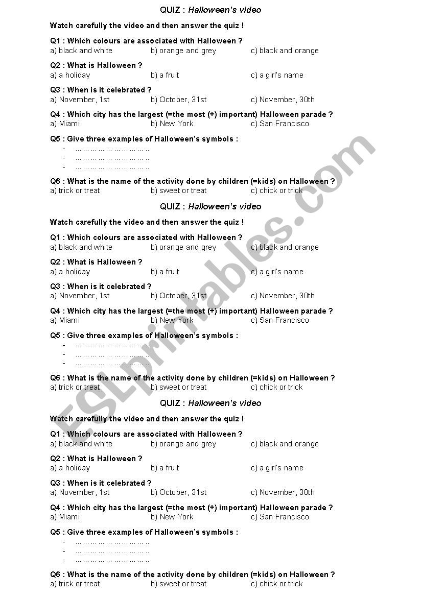 Short quiz on Halloween worksheet