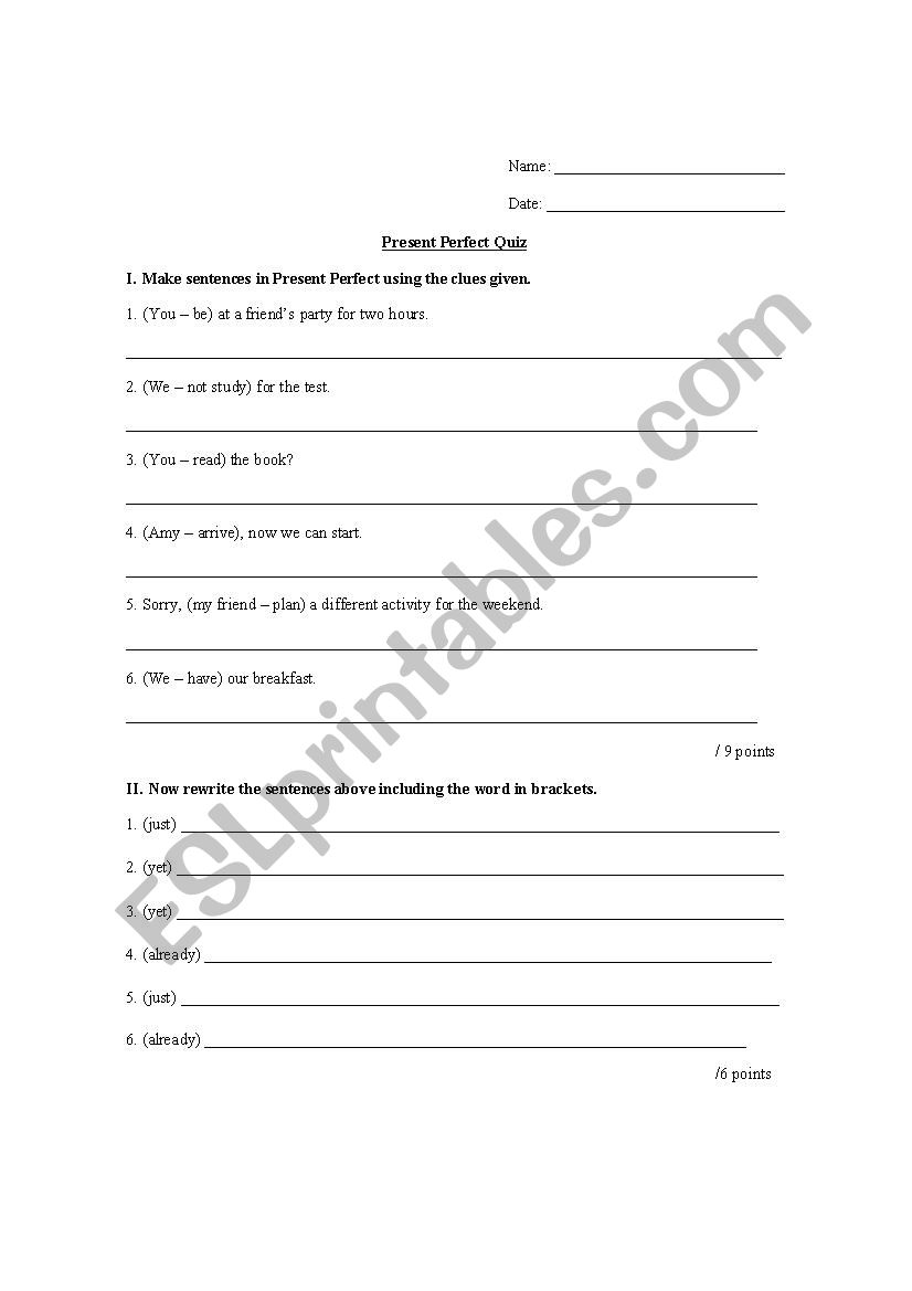 Present Perfect Quiz worksheet