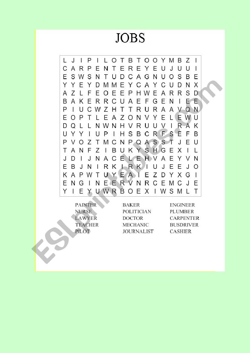 Jobs Wordsearch worksheet