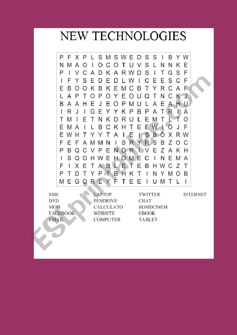 New technologies wordsearch worksheet