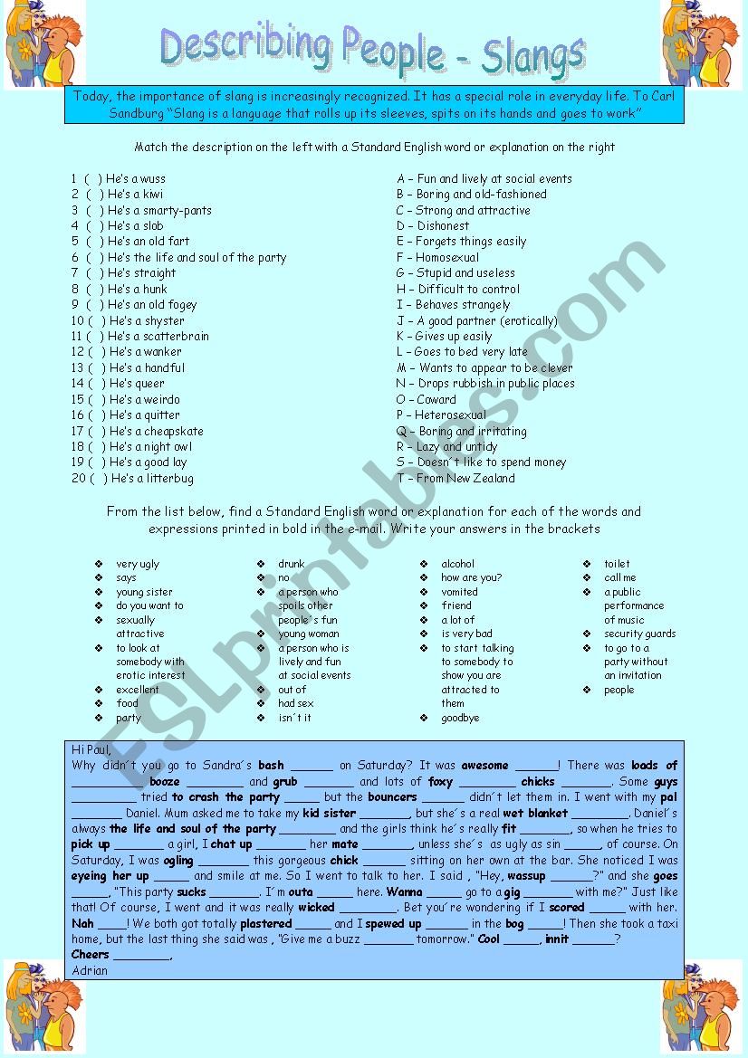 Slangs to describe people worksheet