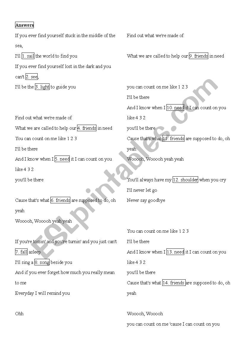 Lyrics Count On Me By Bruno Mars Esl Worksheet By Orangepiyo