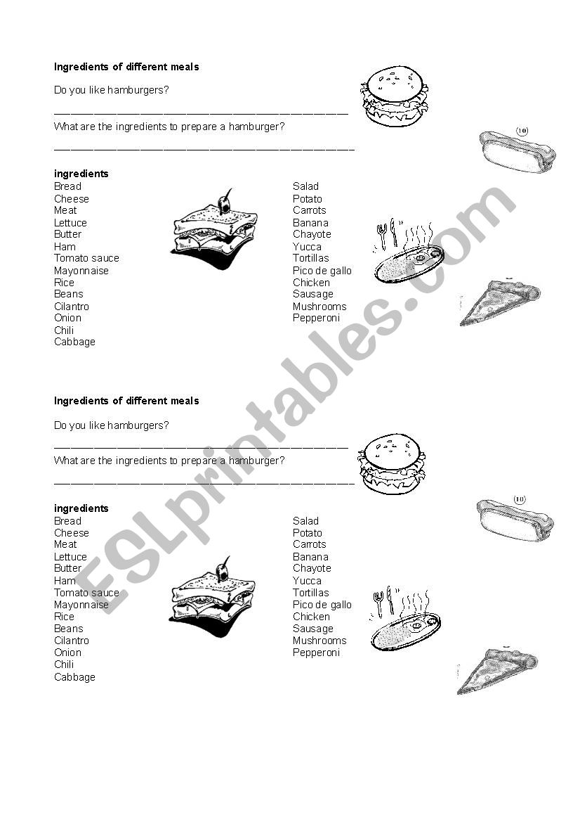 food ingridients worksheet