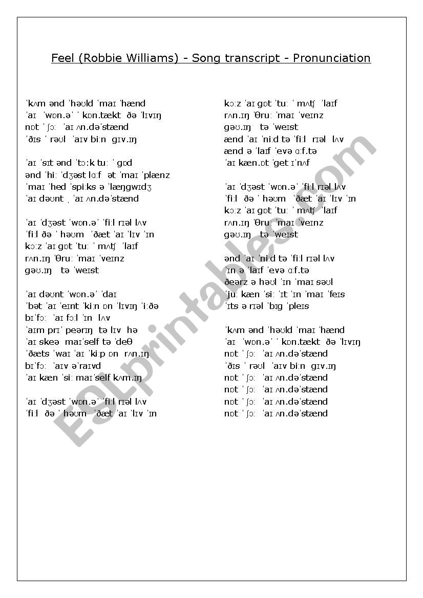 Pronunciation Trancript - Feel (Robbie Williams)