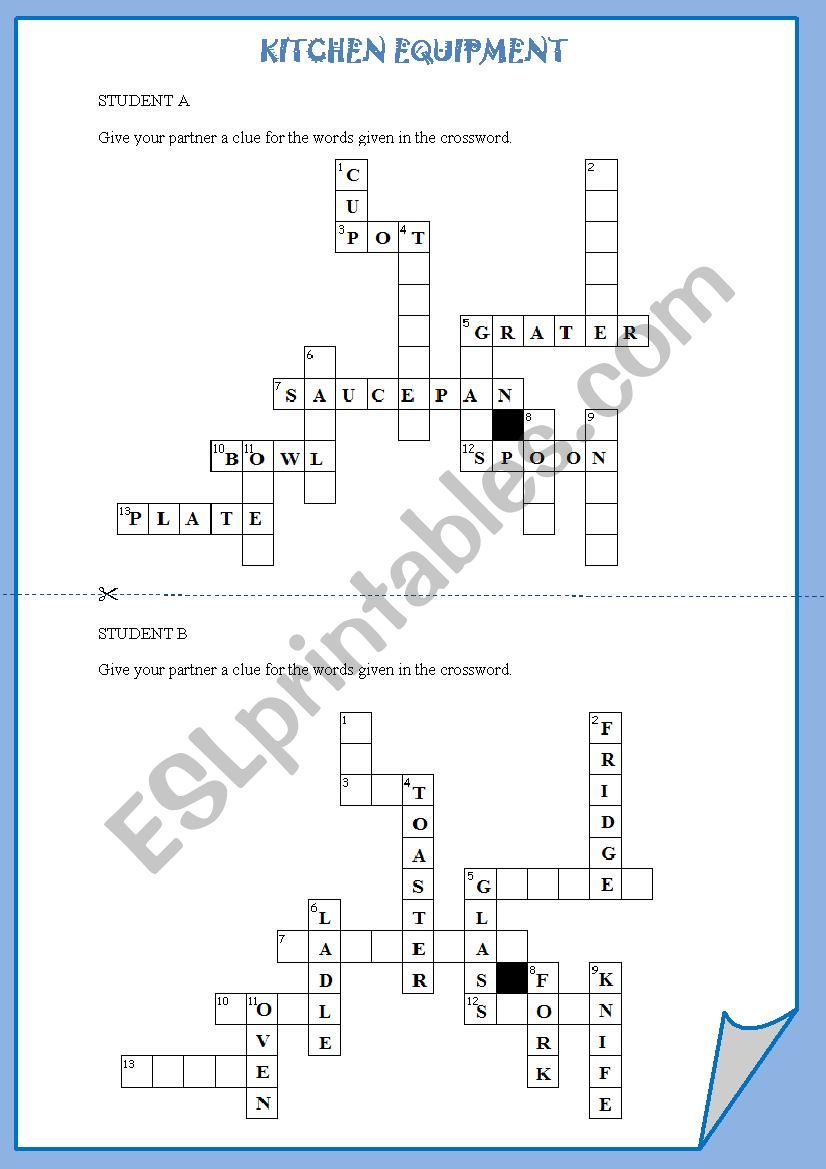 Kitchen equipment worksheet