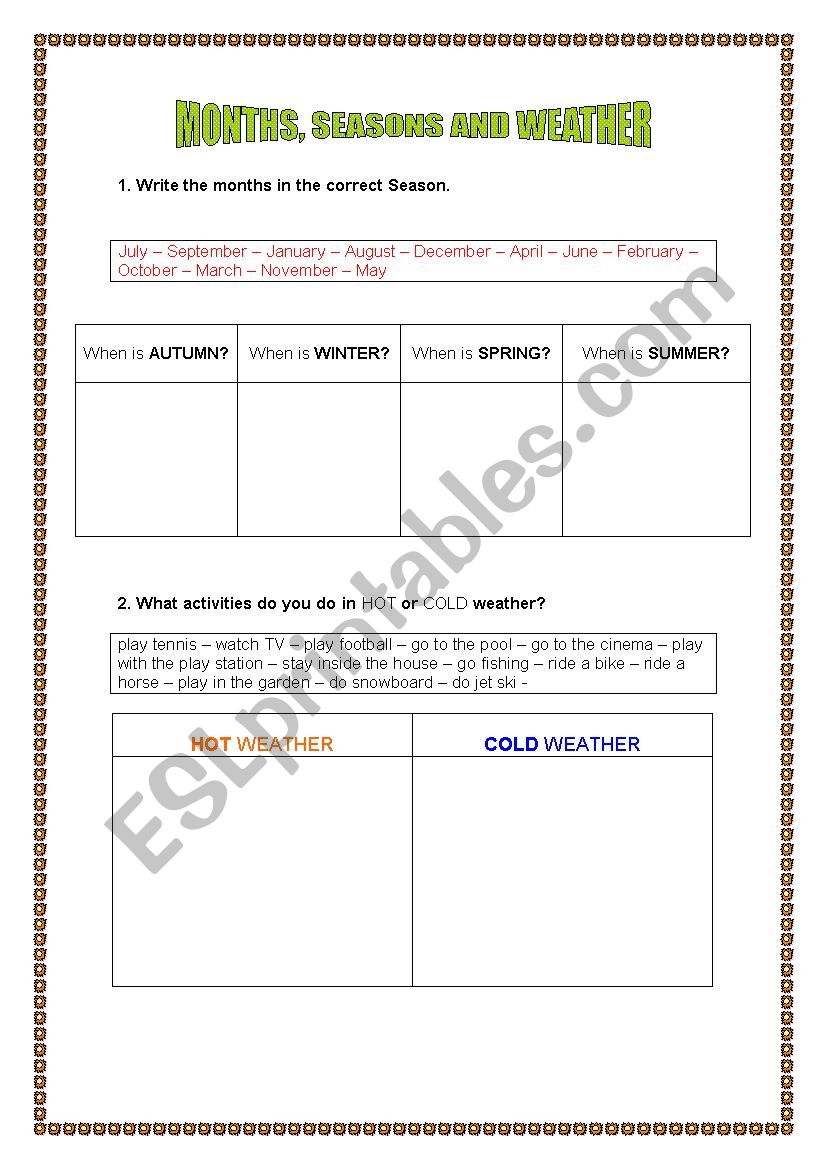 Months, seasons and weather worksheet
