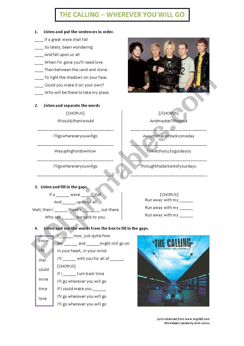 The Calling - Wherever you will go - Worksheet