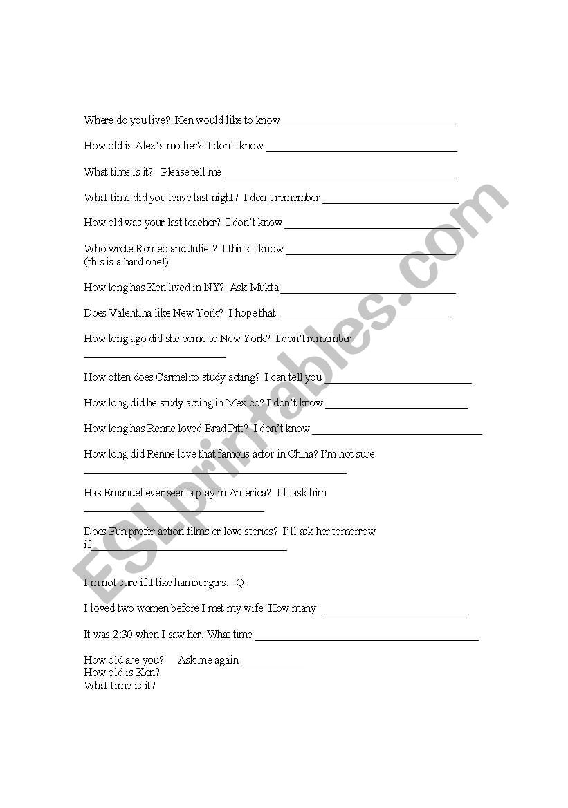 Reported speech worksheet